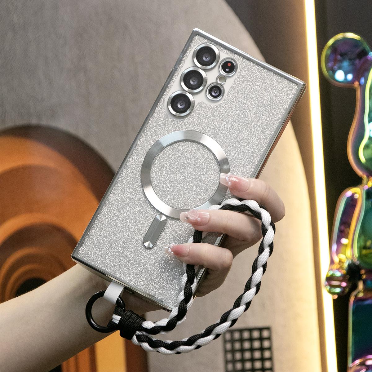Luxury Glitter Magnetic Wireless Charge Transparent Soft Phone Case With Woven Wristband For Samsung S24 S23 S22 S21 Note20 Plus FE Ultra  With HD Camera Protection Slim Thin Cover Non-Yellowing