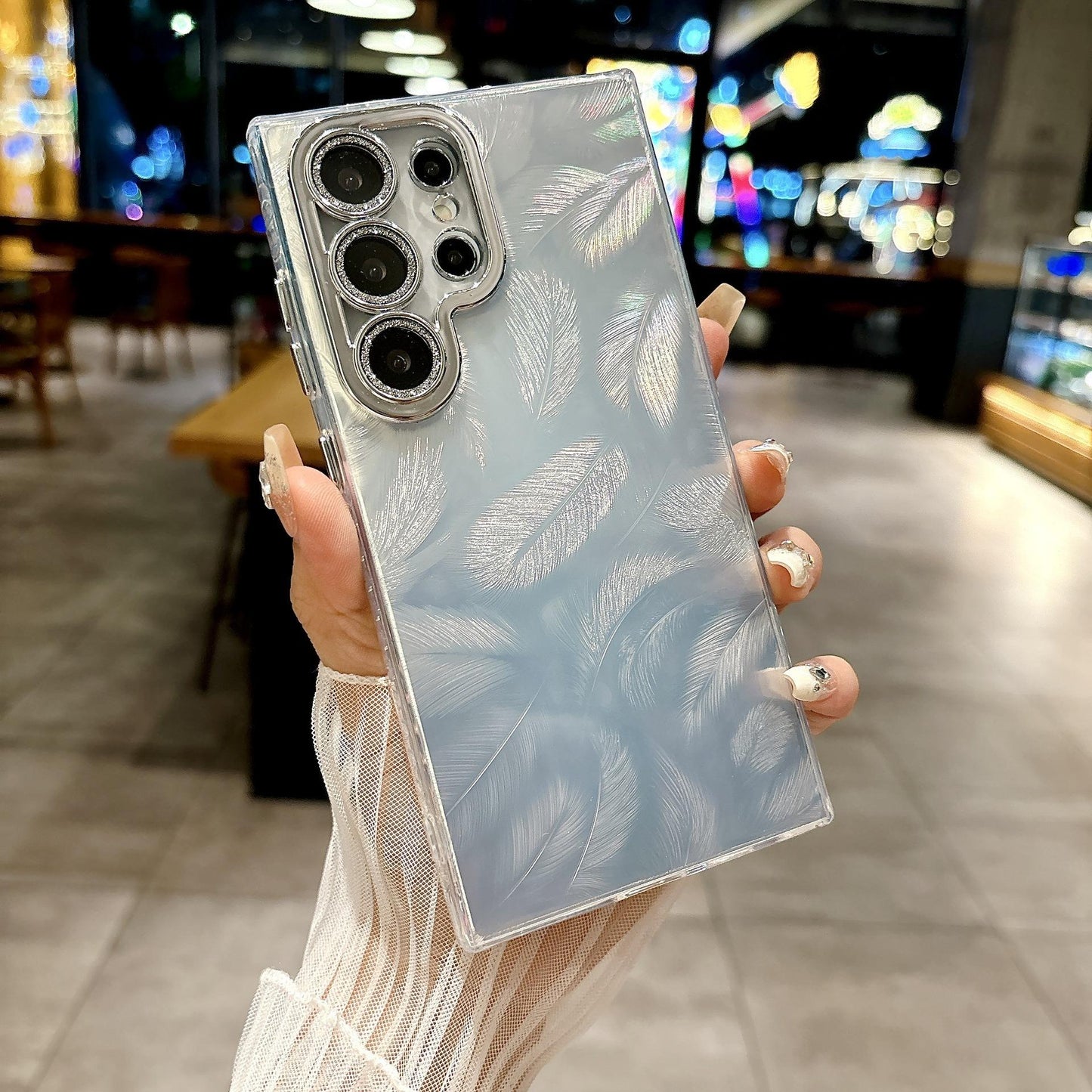 For Samsung S25Ultra S25 S24 S23 S22 Phone Case, Luxury Electroplating Laser Feathers Silk Pattern Acrylic Slim With Glitter Len Protector, Full Camera Protection Non-Yellowing Hard Cover