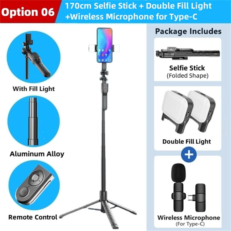 Perche à selfie sans fil 1750 mm, trépied pliable, monopode avec lumière LED pour smartphones, prise de vue stable et équilibrée en direct