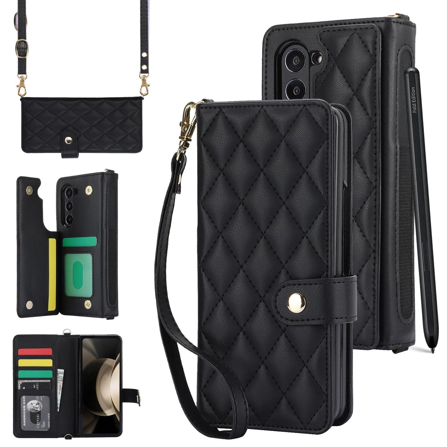 Crossbody Leather with Pen Slot Phone Case for Samsung Galaxy Z Fold 5 4 Fold5 Fold4 Fold3 Wrist Strap Wallet Card Holder Cover