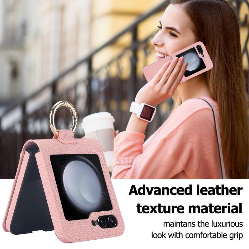 Cross Grain Leather Ring Phone Case for Samsung Galaxy Z Flip 6 5 4 3 Flip5 Flip4 Flip6 Wallet with Card Holder Shockproof Cover