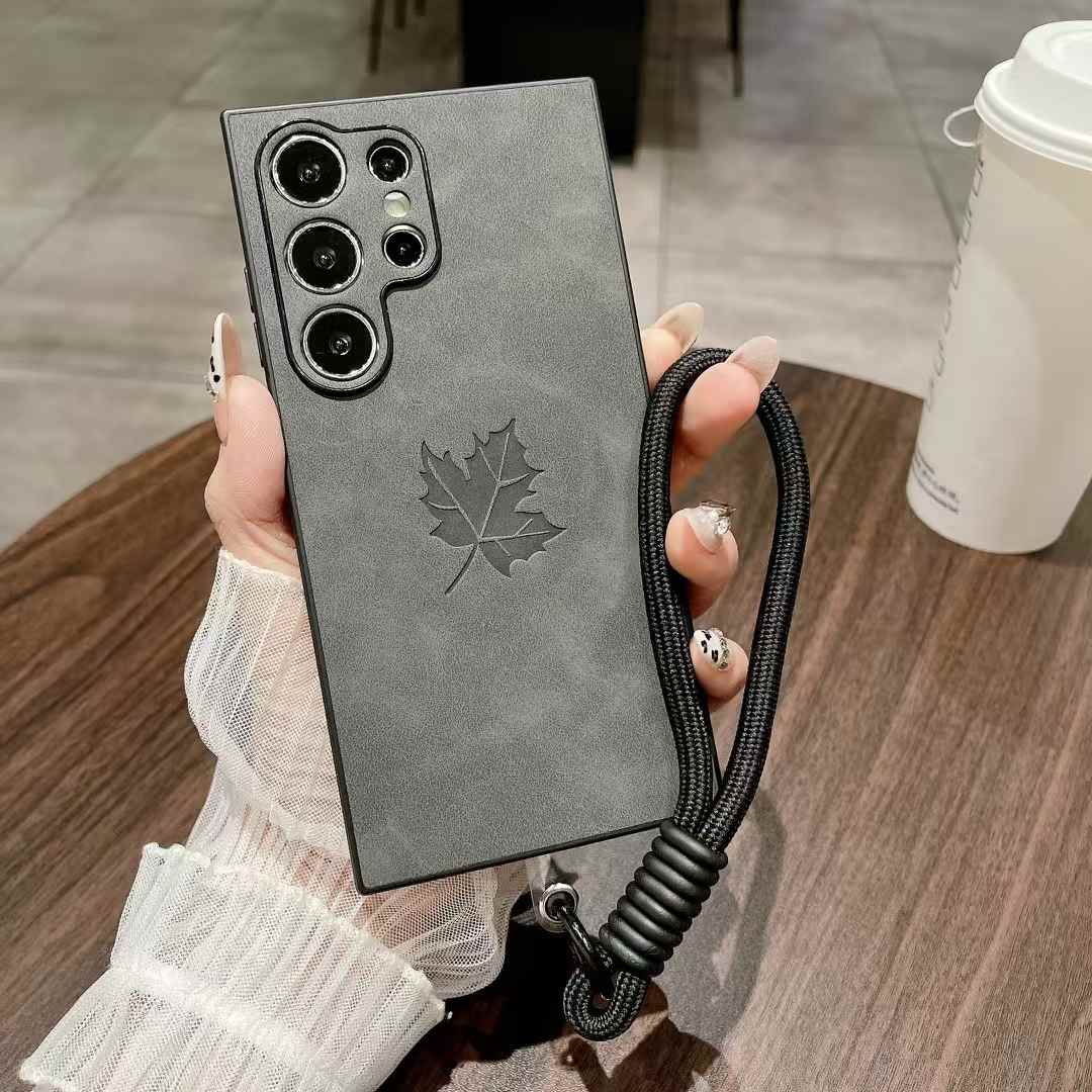 For Samsung S25Ultra S25Edge S24 S23 S22 S21 Note20 A16 A26 A36 A55 A56 Case With Weave Wristband, Maple Leaf Pattern Matte Suede Leather Shockproof Hard Phone Case
