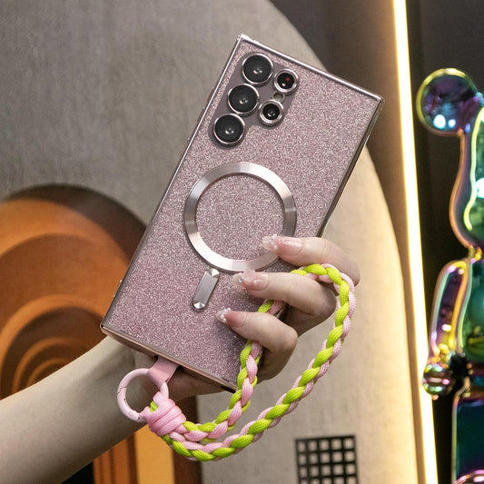 Luxury Glitter Magnetic Wireless Charge Transparent Soft Phone Case With Woven Wristband For Samsung S24 S23 S22 S21 Note20 Plus FE Ultra  With HD Camera Protection Slim Thin Cover Non-Yellowing