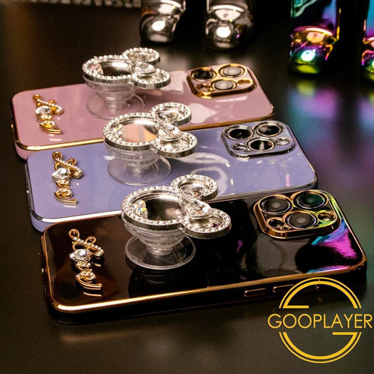 Mouse Head Mirror Stand Love Plating Phone Case For iPhone 16 15 14 13 12 Pro Max