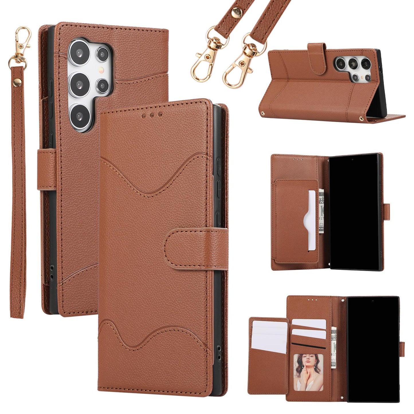 Wrist Strap Crossbody Wallet with Card Holder Phone Case for Samsung S24 Ultra S23 S22 S21 Plus PU Leather Shockproof Cover