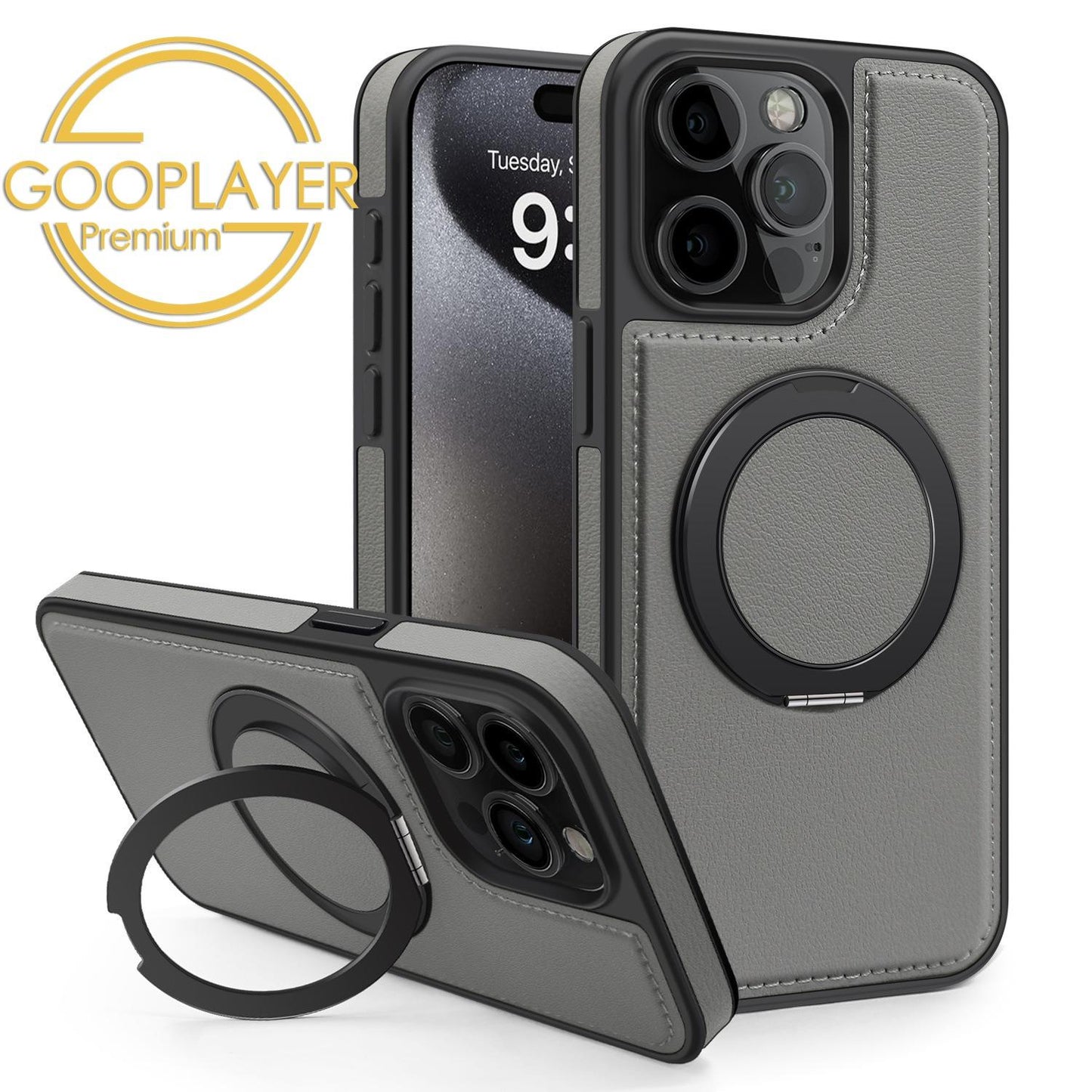 For iPhone 16 15 14 13 Pro Max Phone Case, Luxury Full Leather Case For Magsafe Support Wireless Charging Rotate Metal Magnetic Kickstand Back Hard Full Cover