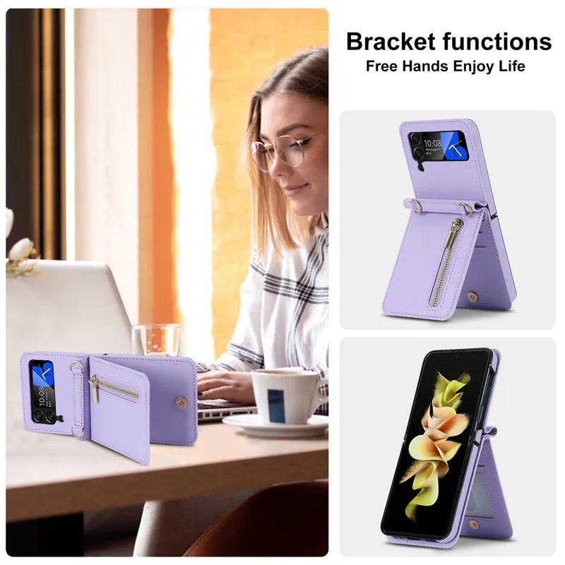 for Samsung Galaxy Z Flip 6 4 5 Z Flip 3 Case Luxury Card Slot Phone Holder Zipper Wallet Crossbody Cover Folding Case Coque