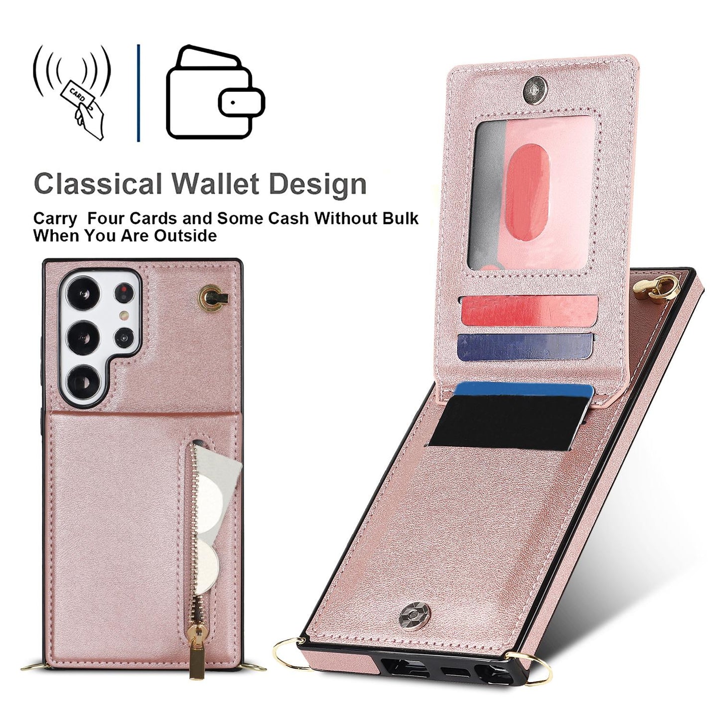Crossbody Wallet Case Case For Samsung Galaxy S24 S23 S22 Plus Note 20 Ultra With Card Slot Holder, Magnetic Flip Folio Purse Case, PU Leather Zipper Handbag With Detachable Lanyard Strap