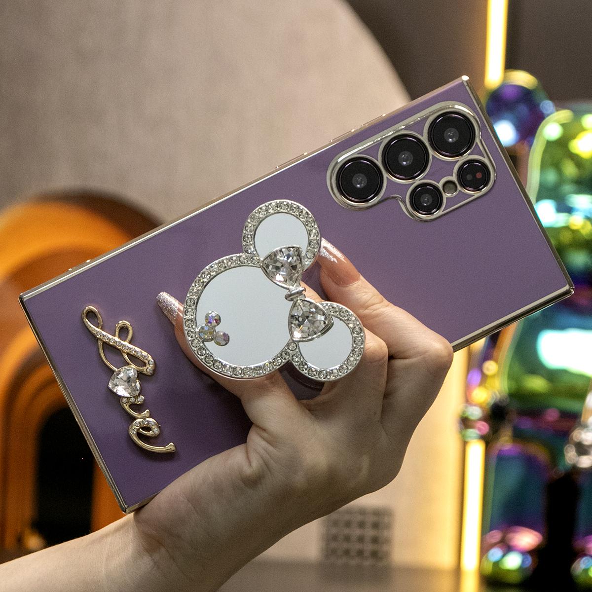Mouse Head Mirror Popstand Kickstand Plating Soft Phone Case for Samsung A13 A14 A15 A23 A24 A25 A33 A34 A35 A52 A53 A54 A55 A72 A73