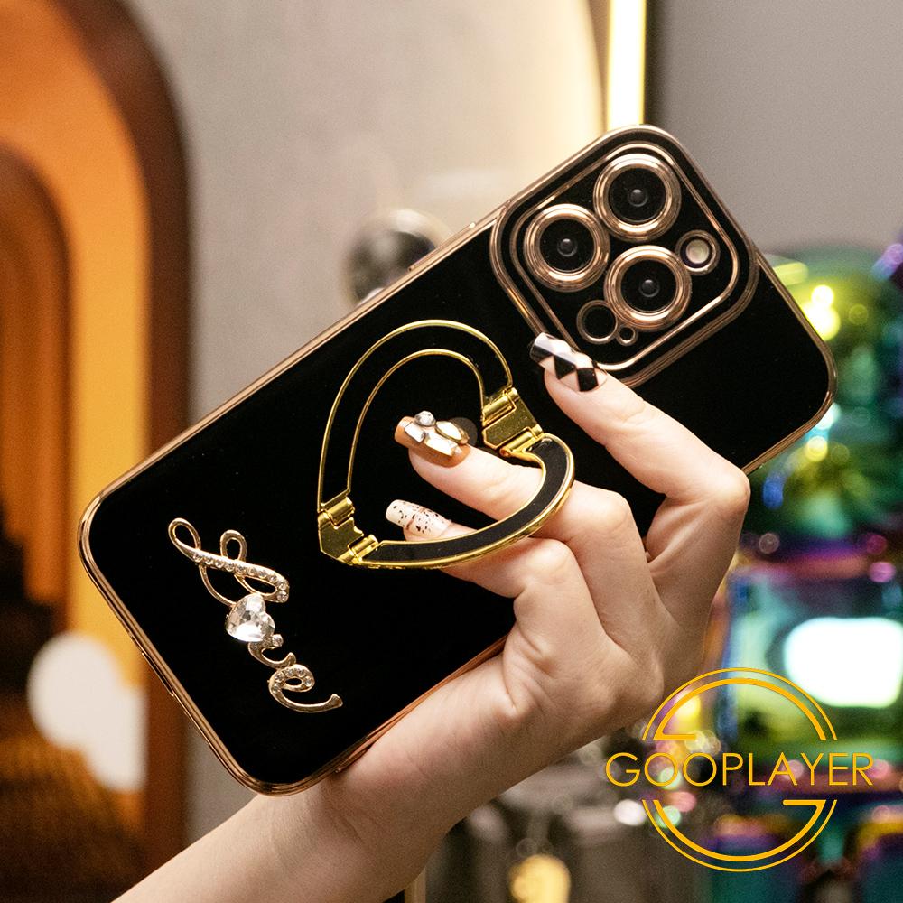 For iPhone 16 15 14 13 12 11 Pro Max, Luxury Love Heart Kickstand Holder Plating Soft Camera Protector Phone Case