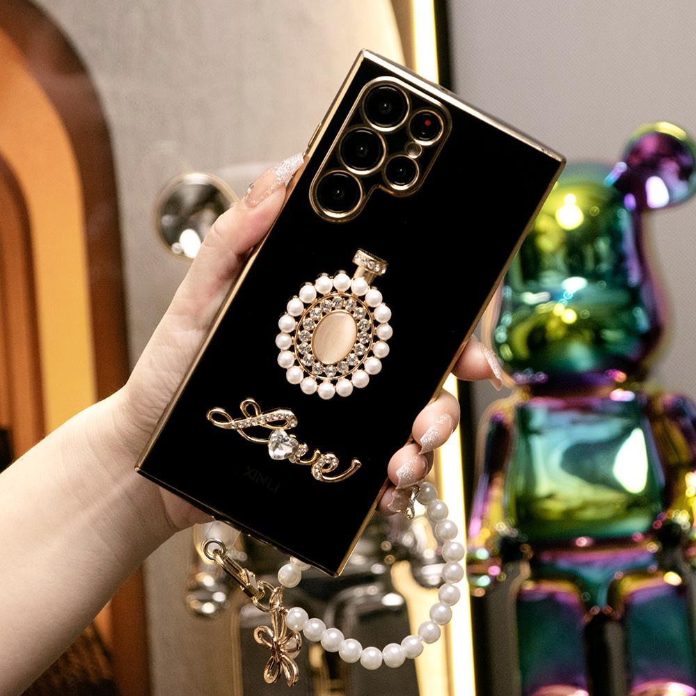 Pearl Perfume Bottle with Chain Plating Soft Phone Case for Samsung A13 A14 A15 A23 A24 A25 A33 A34 A35 A52 A53 A54 A55 A72 A73