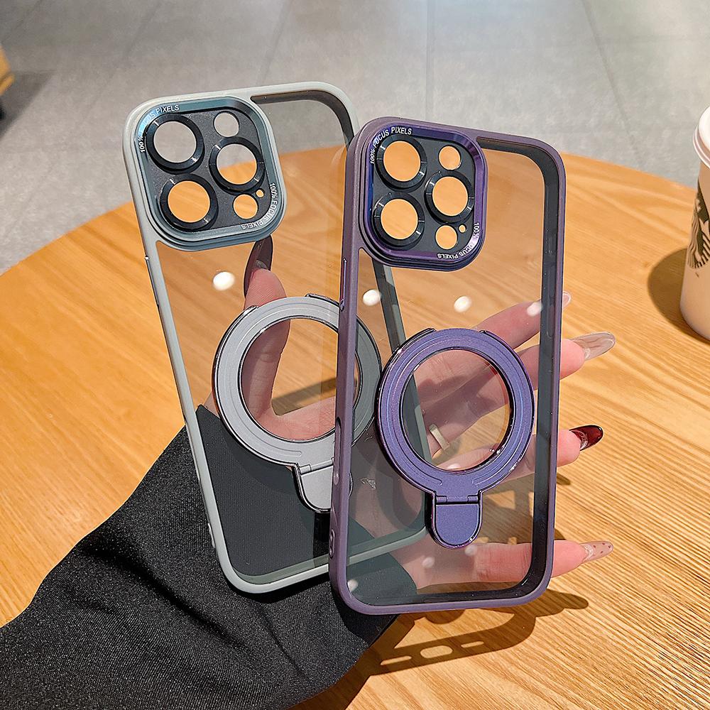 Colorful Crystal High Definition Clear Phone Case with Portable Metal Kickstand For Magsafe For iPhone 16ProMax 16 15 14 13 12 11 Pro Max Plus Transparent HD Len Protection Hard Full Cover
