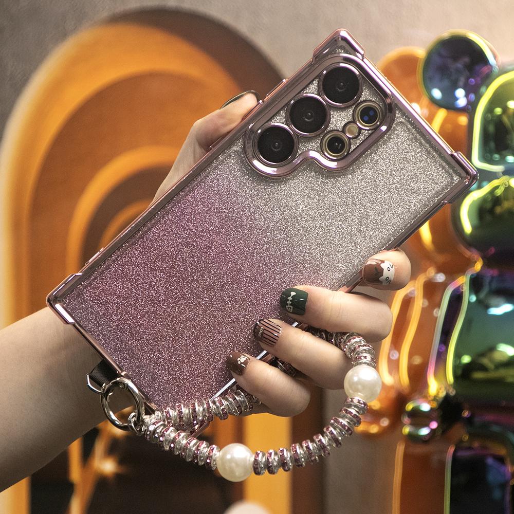 Gradient Plating Four Corners Phone Case with Pearl Diamond Wristband for Samsung S25Ultra S25 S24 S23 S22 S21 Note20 A53 A54 A55 Hard Acrylic Bumper Full Cover
