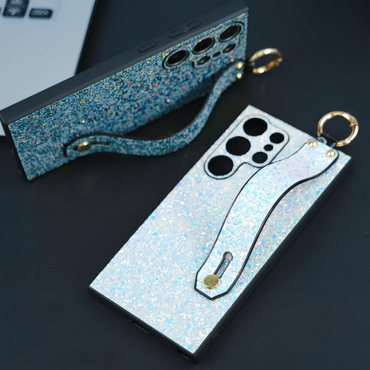 For Samsung S25Ultra S25 S24 S23 S22 S21 Case With Wristband, Glitter Durable Faux Kickstand Shockproof Hard Full Cover Phone Case