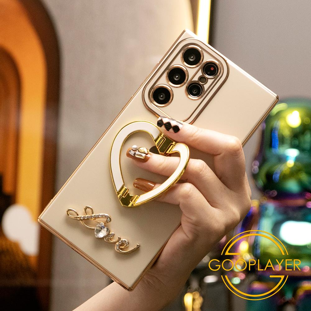 Luxury Love Heart Side Pattern Love Heart Holder Plating Phone Case For Samsung S24Ultra S24FE S24 S23 S22 S21Ultra FE Plus Ultra A55 A35 A25 A15