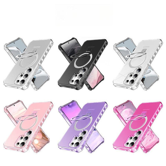 Colorful Matte Clear Strong Magnetic Four Corner Slim PC Phone Case with Metal Kickstand For Samsung S25Ultra S25+ S25 S24Ultra S24+ S24 Transparent Skin Feel Bumper Shockproof Hard Full Cover