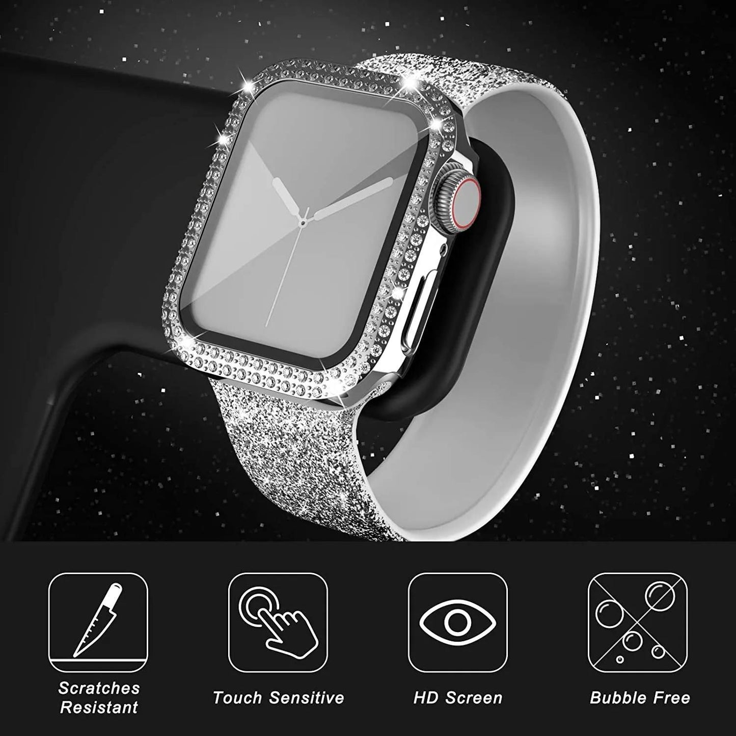 Coque en verre + diamant pour boîtier de montre Apple 40 mm 44 mm 41 mm 45 mm 38 mm 42 mm Bling Bumper Protector iWatch série 9 3 5 6 7 8 se