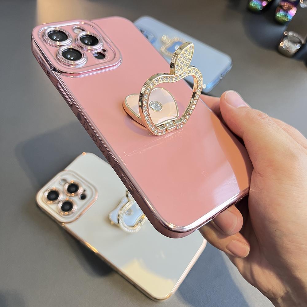 Luxury Love Heart Side Pattern RhinestoneApple Holder Plating Phone Case For iPhone 16ProMax 16 15 14 13 12 11 Pro Max X XR XS Max