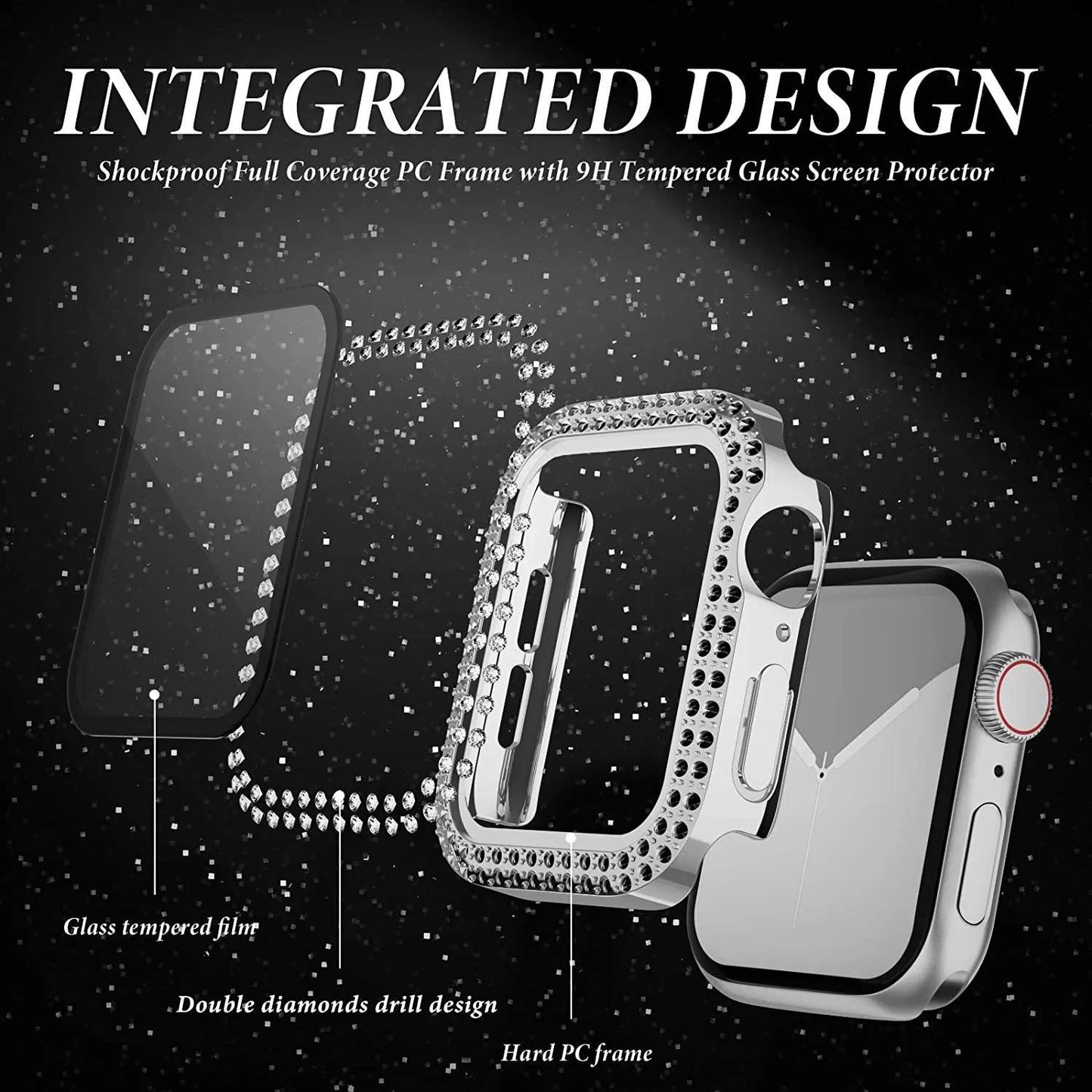 Coque en verre + diamant pour boîtier de montre Apple 40 mm 44 mm 41 mm 45 mm 38 mm 42 mm Bling Bumper Protector iWatch série 9 3 5 6 7 8 se