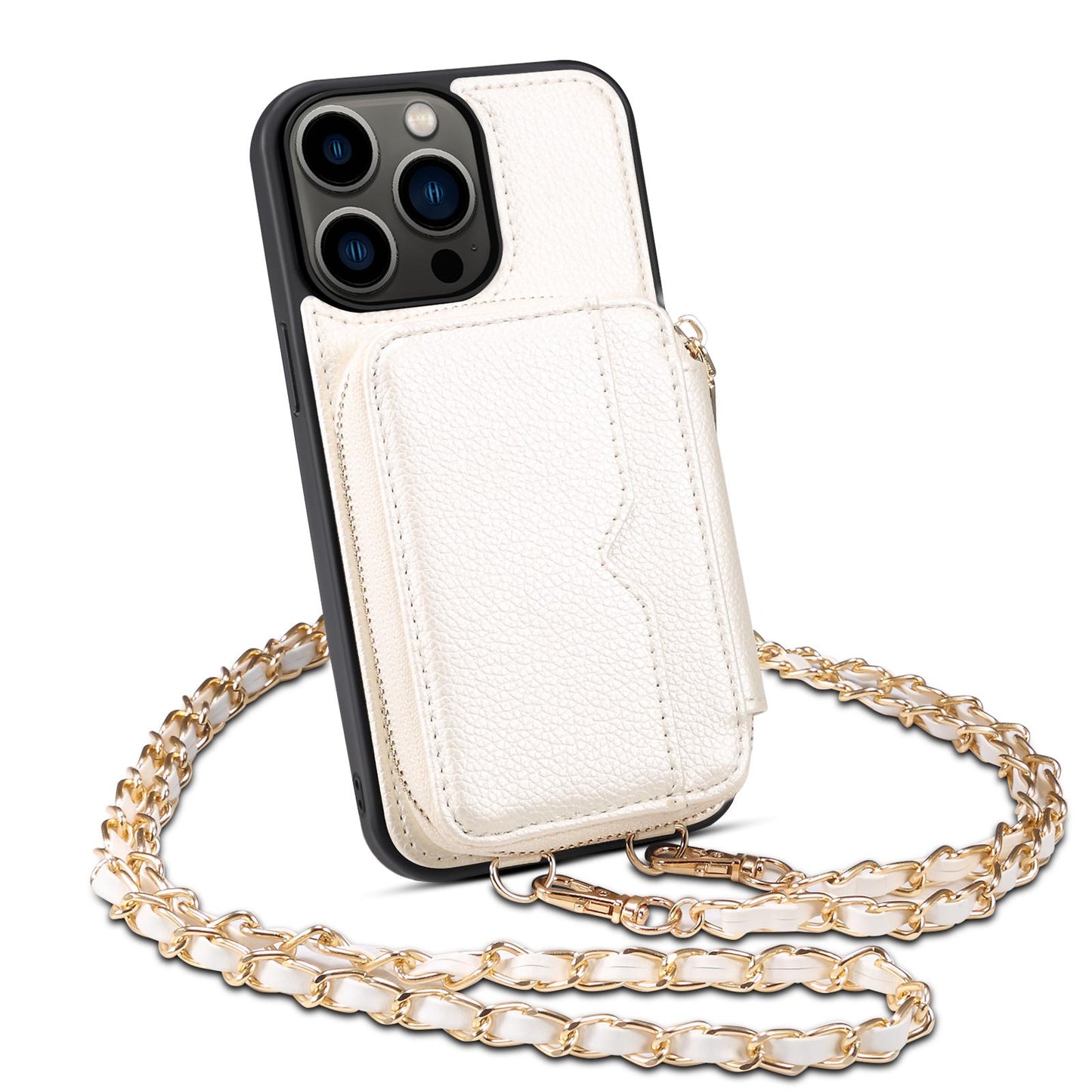 Zipper Crossbody Wallet Phone Case for iPhone 15 14 Plus 13 Pro Max Mirror Metal Chain Lanyard Card Slot Holder Leather Cover