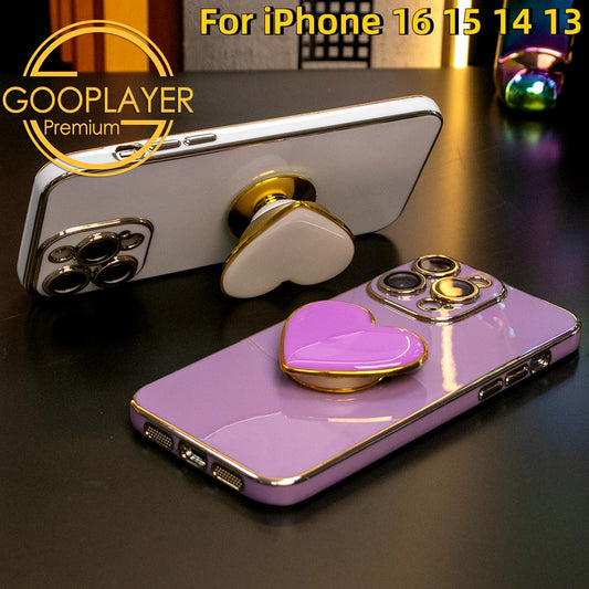 Coque de téléphone avec béquille en forme de cœur plaqué pour iPhone 16 15 14 13 Pro Max