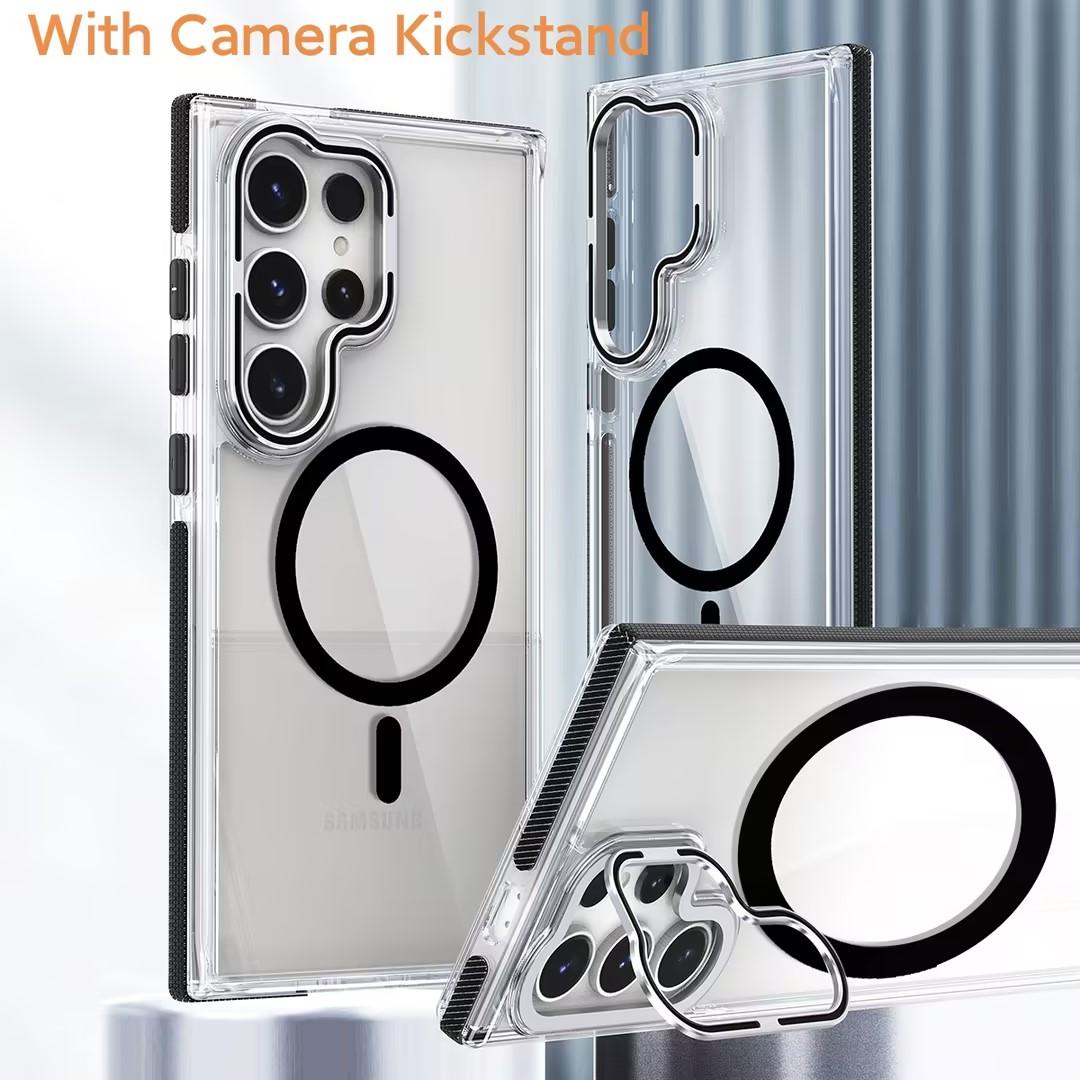 For Samsung S24 S23 S22 S21 FE Plus Ultra Case, Metal Hardware Camera Lens Stand Acrylic Cover, Clear No Yellow, With Shockproof  Anti-Fall Bumper