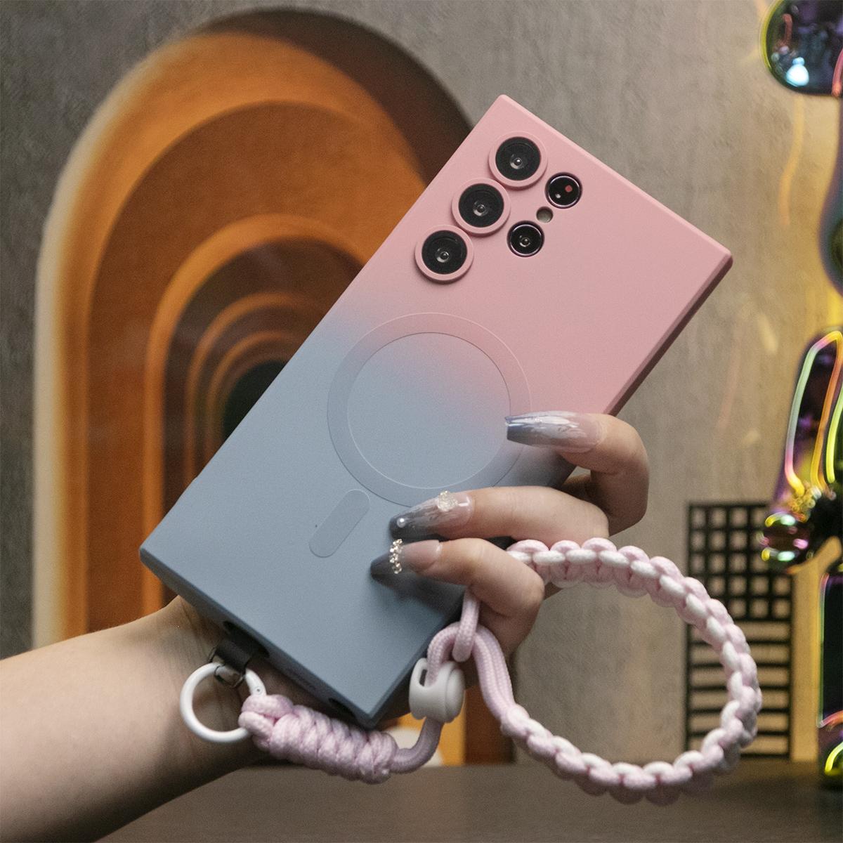 Gradient Color Magnetic Wireless Charge Matte Case With Adjustable Woven Strap For Samsung S25 S24 S23 S22 S21 Note20 Wireless Charging Soft Bumper Cover