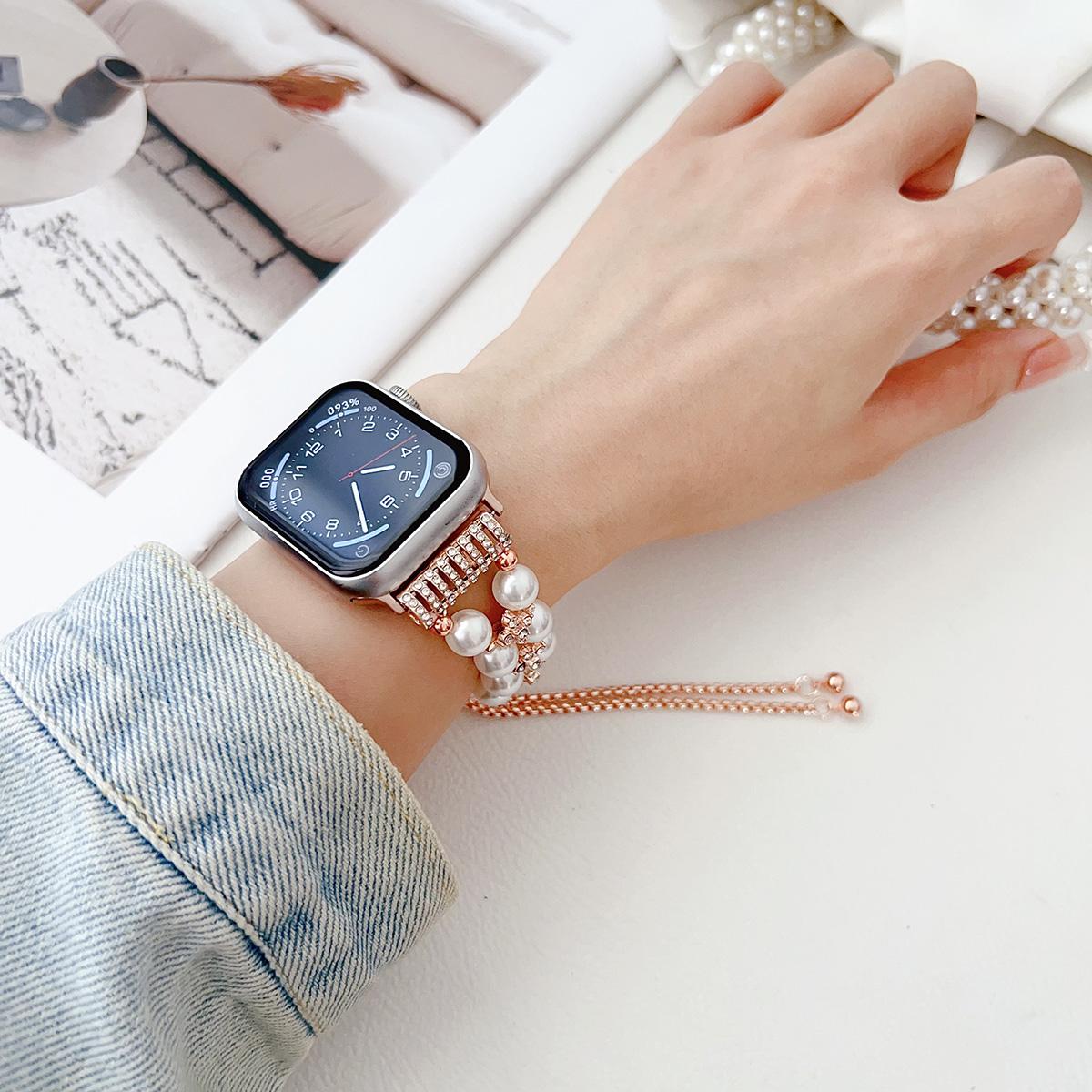 Dual Raw Pearl Chain Strap for Apple Watch 44mm Band 45 42 38 41 Ultra 49mm Link Bracelet for IWatch Series 9 8 7 6 SE 5 4