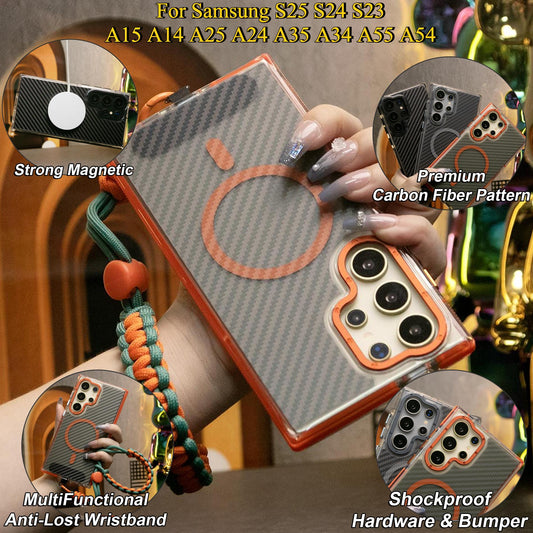Strong Magnetic Carbon Fiber Phone Case, With Adjustable Woven Wristband, Metal Hardware Acrylic, Shockproof Anti-Fall Bumper For Samsung S25Ultra S25 S24 S23 S21FE A14 A15 A24 A25 A35 A54 A55 A05