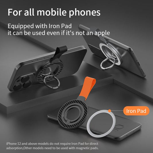 Carbon Fiber Strong Magnetic Pivot Stand Phone Holder Wider Soft Silicone Multi-angle Damping Fold Ring Vertical / Horizontal Kickstand, for iPhone 16 15 14 13 12 for Samsung S25 S24 S23