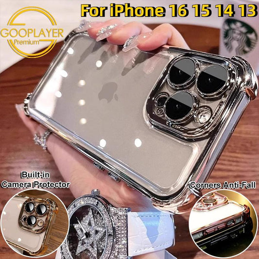 For iPhone 16 15 14 13 Phone Case, Luxury Four Corner Plating Clear High Definition Acrylic Built-in Camera Protector Shockproof Hard Full Cover