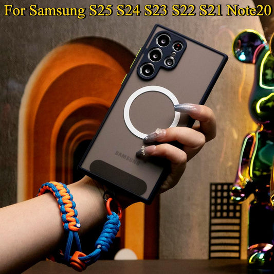 Luxury Matte Clear Support Magnetic With Adjustable Woven Strap For Samsung S25 S24 S23 S22 S21 Note20