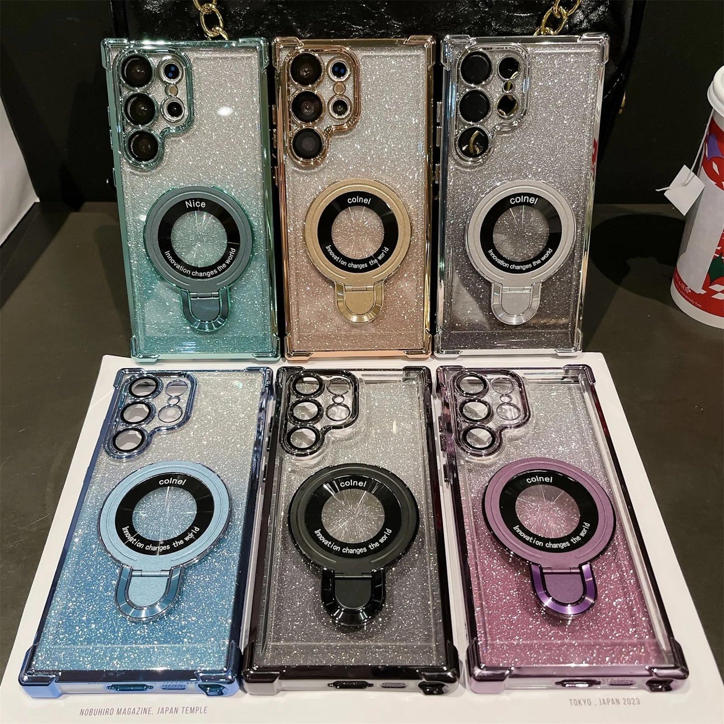 Gradient Plating Four Corners Shockproof Clear Kickstand Phone Case For Samsung S25 S24 S23 S22 S21 Note20 A55 A54 Transparent Hard Acrylic Hybrid Bumper Armor Cover