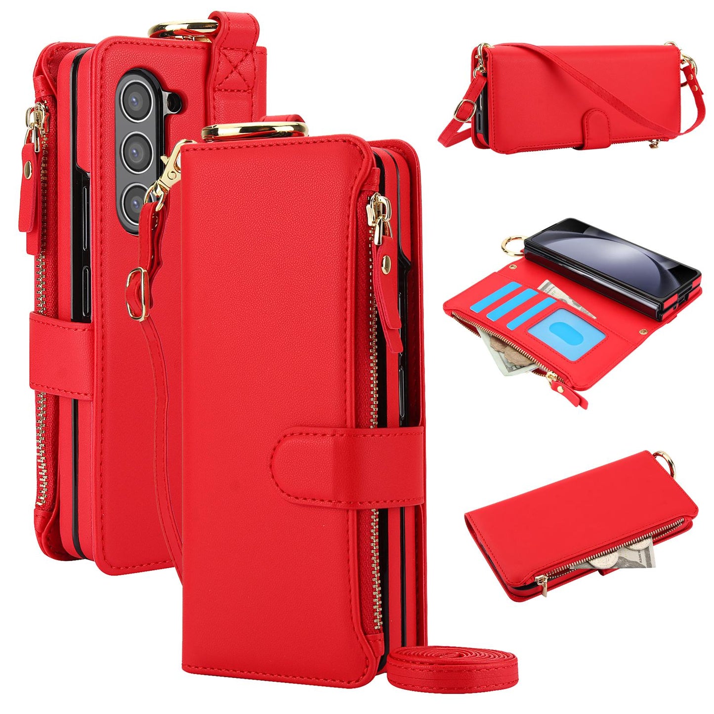 Crossbody Cards Solt Zipper Wallet Leather Case For Samsung Galaxy Z Fold 5 4 3 6 5G Wristband Ring Holder Kickstand Cash Pocket