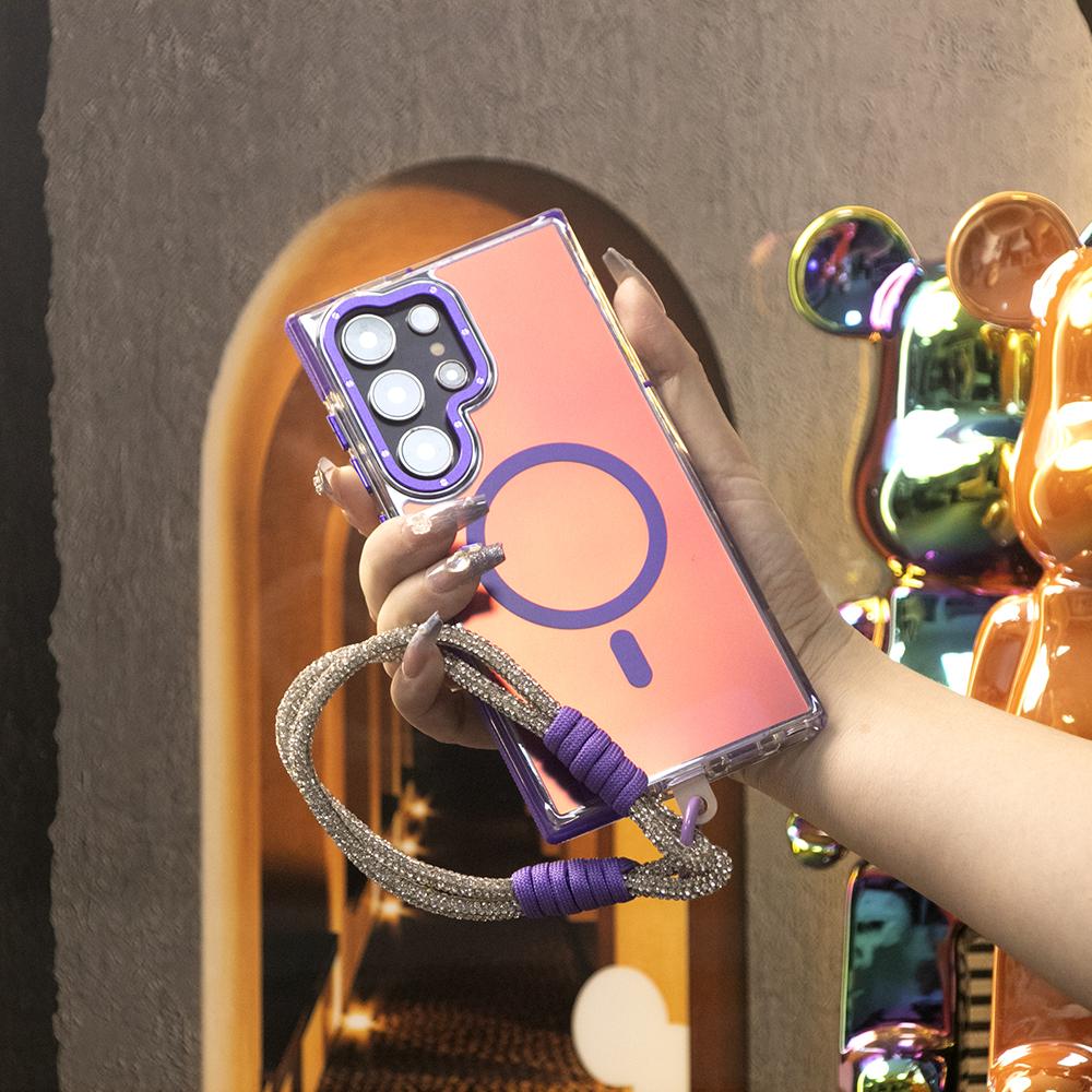 Laser Gradient Chameleon Strong Magnetic Case For Samsung S25Ultra S25 S24 S23 S22 S21FE A06 A15 A16 A25 A35 A36 A53 A54 A55 With Diamond Wristband Metal Frame Acrylic Shockproof Cover