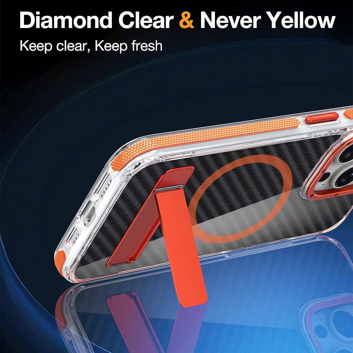 For iPhone 16 15 14 Pro Max Phone Case, Premium Strong Magnetic Carbon Fiber Metal Bracket Acrylic Clear Shockproof Anti-Fall Bumper for Magsafe Non-Yellowing Hard Full