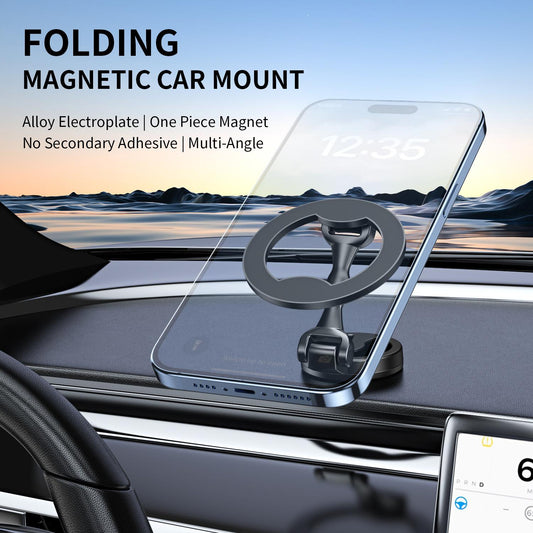 Folding Strong Magnetic Phone Holders Car Mount Kickstand Alloy Electroplate Multi-Angle Stable Magnetic Suction Rotating Alloy Material Stand for All Phones