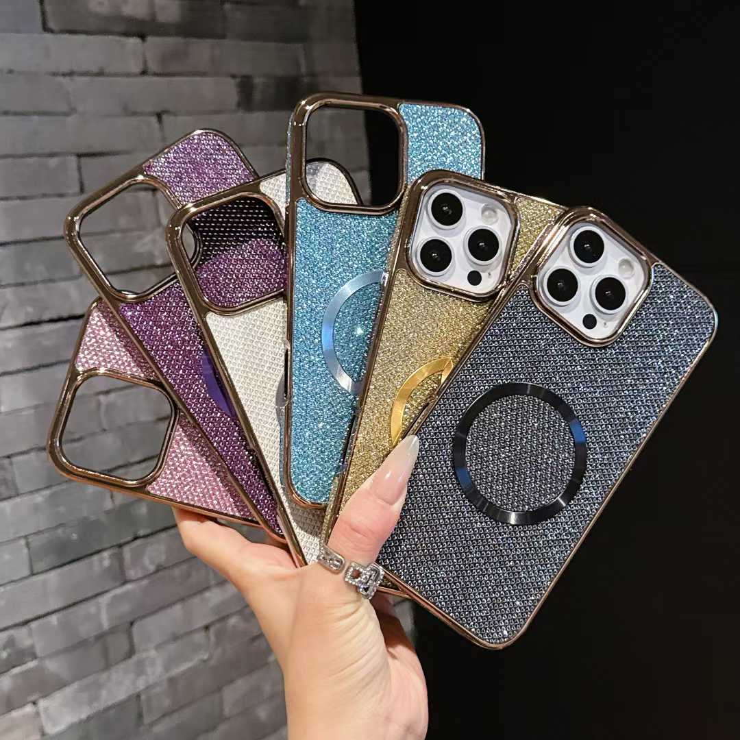 For iPhone 16ProMax 16 15 14 13 12 11 Phone Case, Luxury Slim Glitter Magnetic Pattern Plating Matte Leather Len Protection Shockproof Hard Full Cover