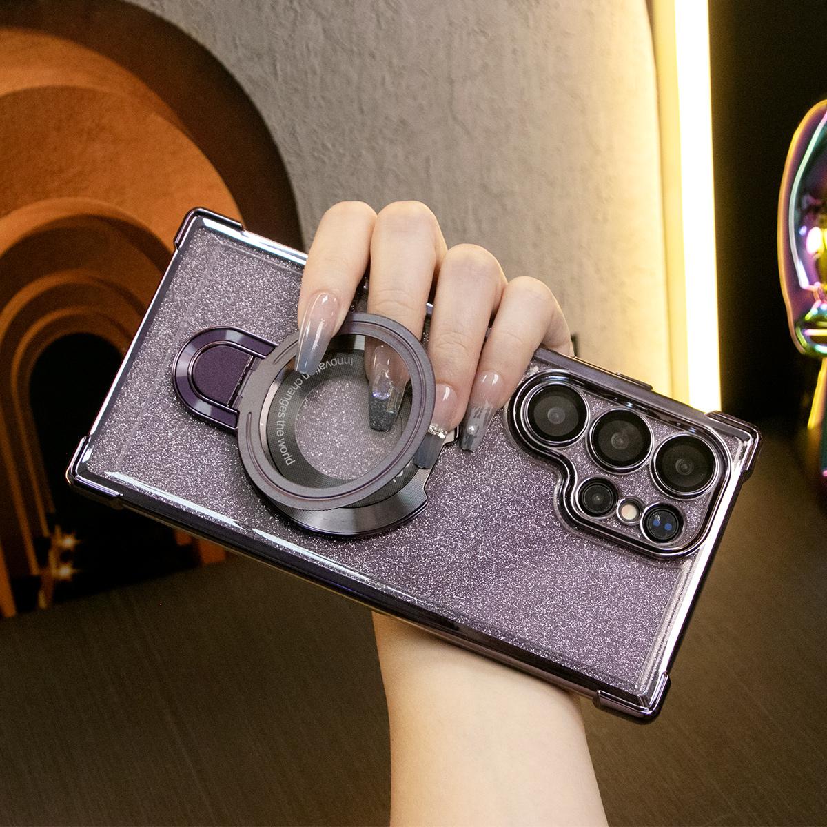 Luxury Glitter Plating Four Corners Shockproof Clear Case With Magnetic Stand For Samsung S25 S24 S23 S22 S21 Note20 Transparent Hard Acrylic Hybrid Bumper Armor Cover