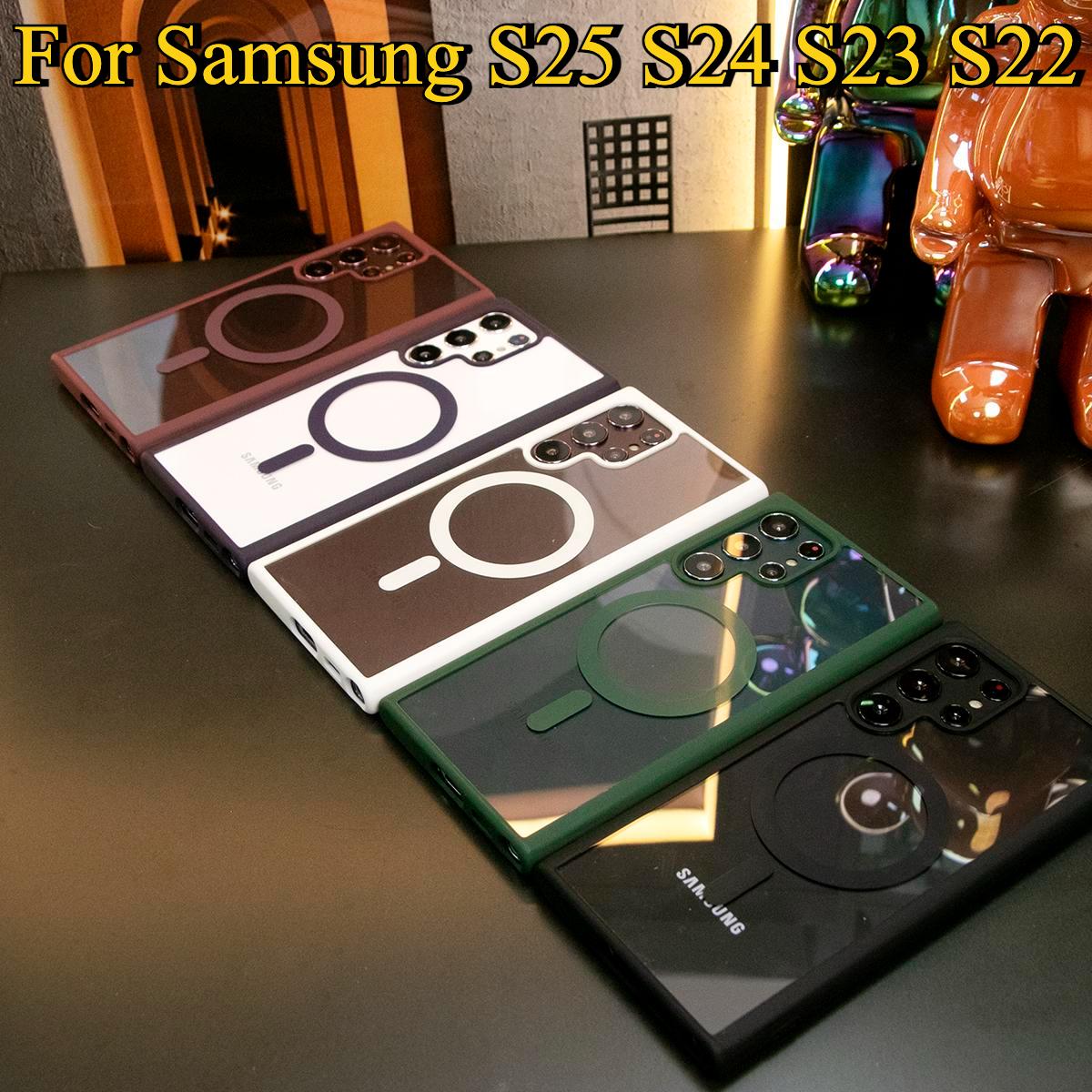 Transparent Magnetic Shockproof Hard Phone Case For Samsung S25 S24 S23 S22 Silicone Candy Color Edges Clear Acrylic Cover