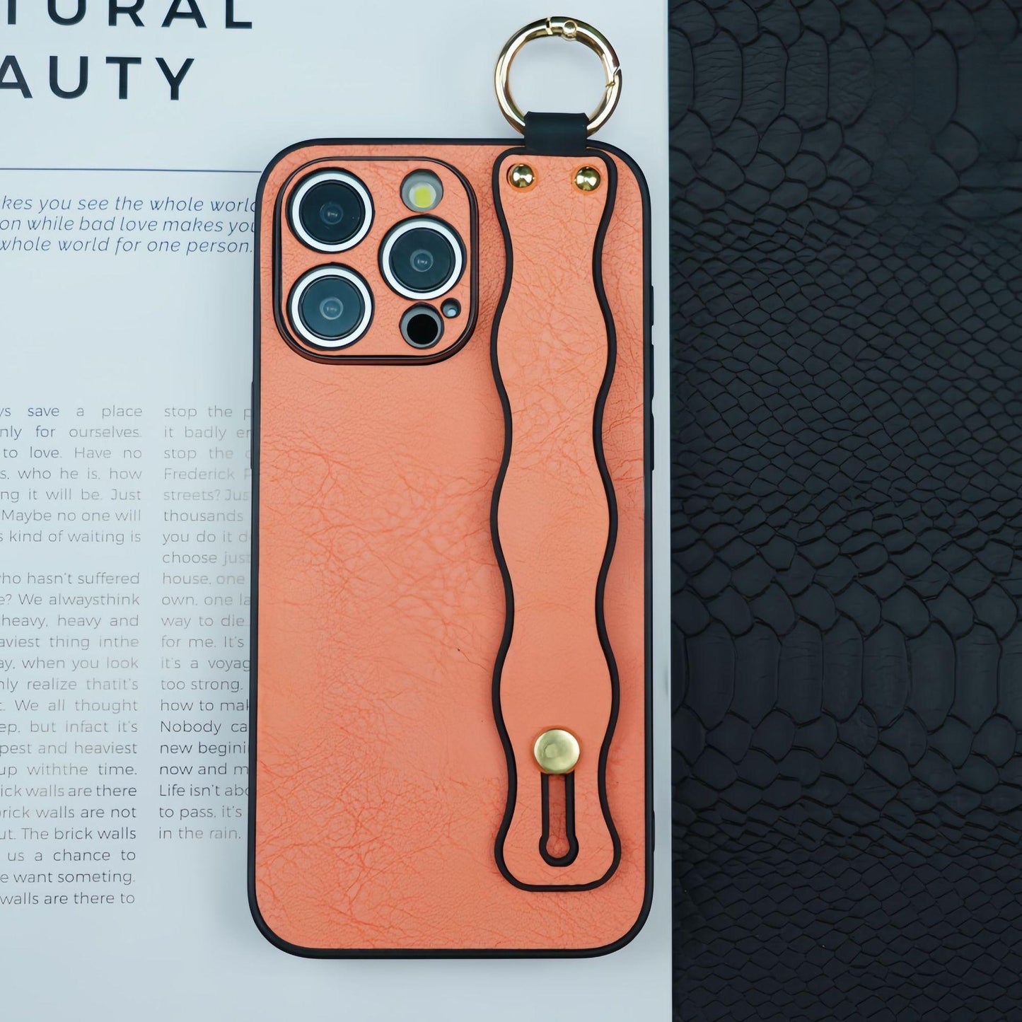 For iPhone 16ProMax 16 15 14 13 12 Case With Wave Wristband, Luxury Durable Faux Leather Kickstand Shockproof Phone Case