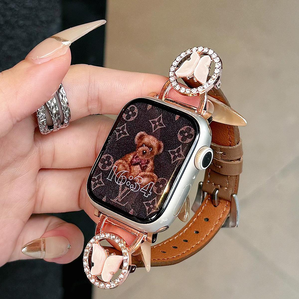 Bling Butterfly Stitching Leather Metal Strap for Apple Watch 44mm Band 45 42 38 41 Ultra 49mm Link Bracelet for IWatch Series 9 8 7 6 SE 5 4