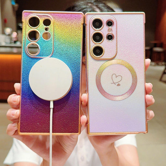 Matte Colorful Gradient Plating Love Heart TPU Strong Magnetic Phone Case For Samsung S25Ultra S24 S23 S22 S21 Shockproof Soft Full Cover