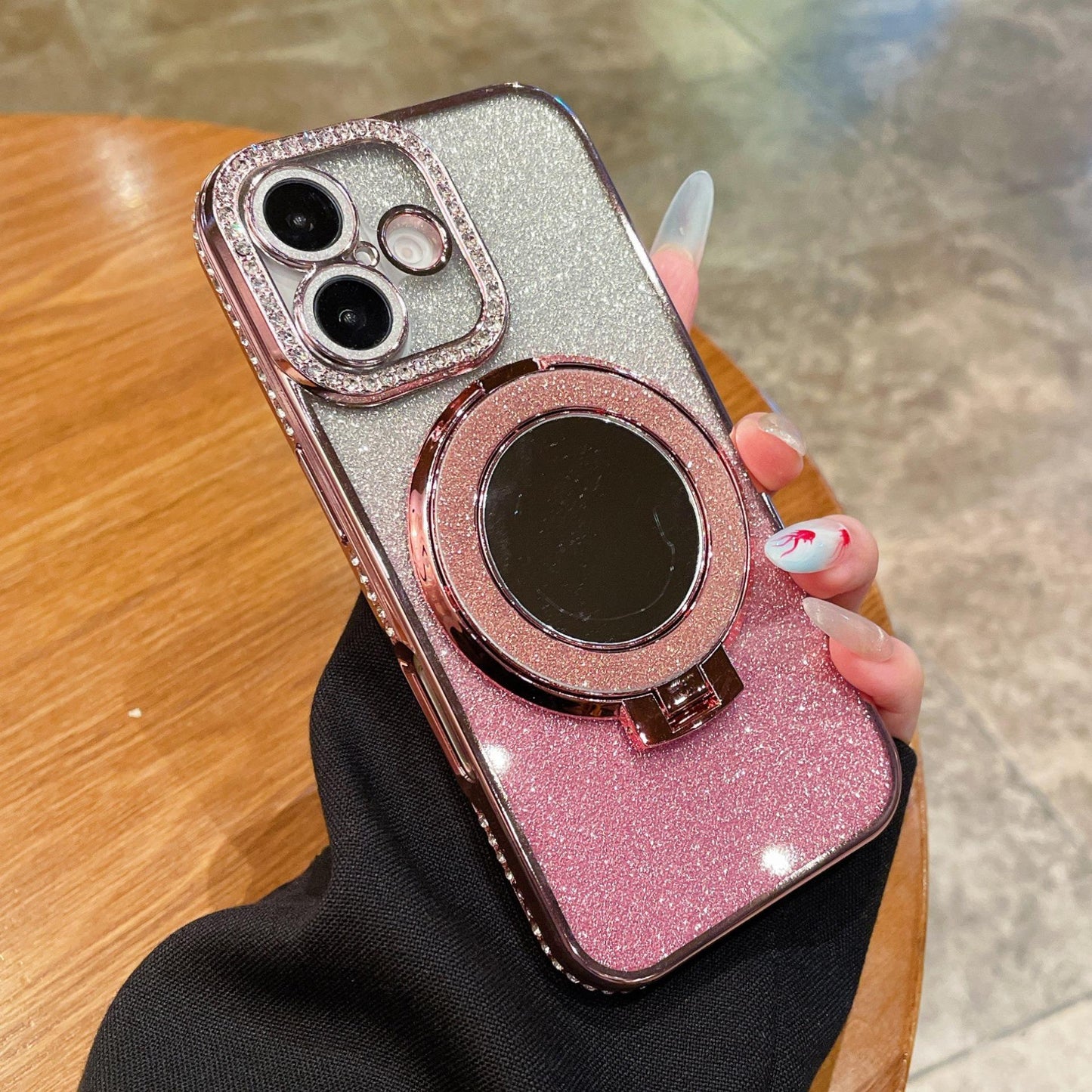 Glitter Gradient Plating Rhinestone TPU Phone Case with Mirror Kickstand For iPhone 16ProMax 15 14 13 12 Shockproof Soft Full Cover