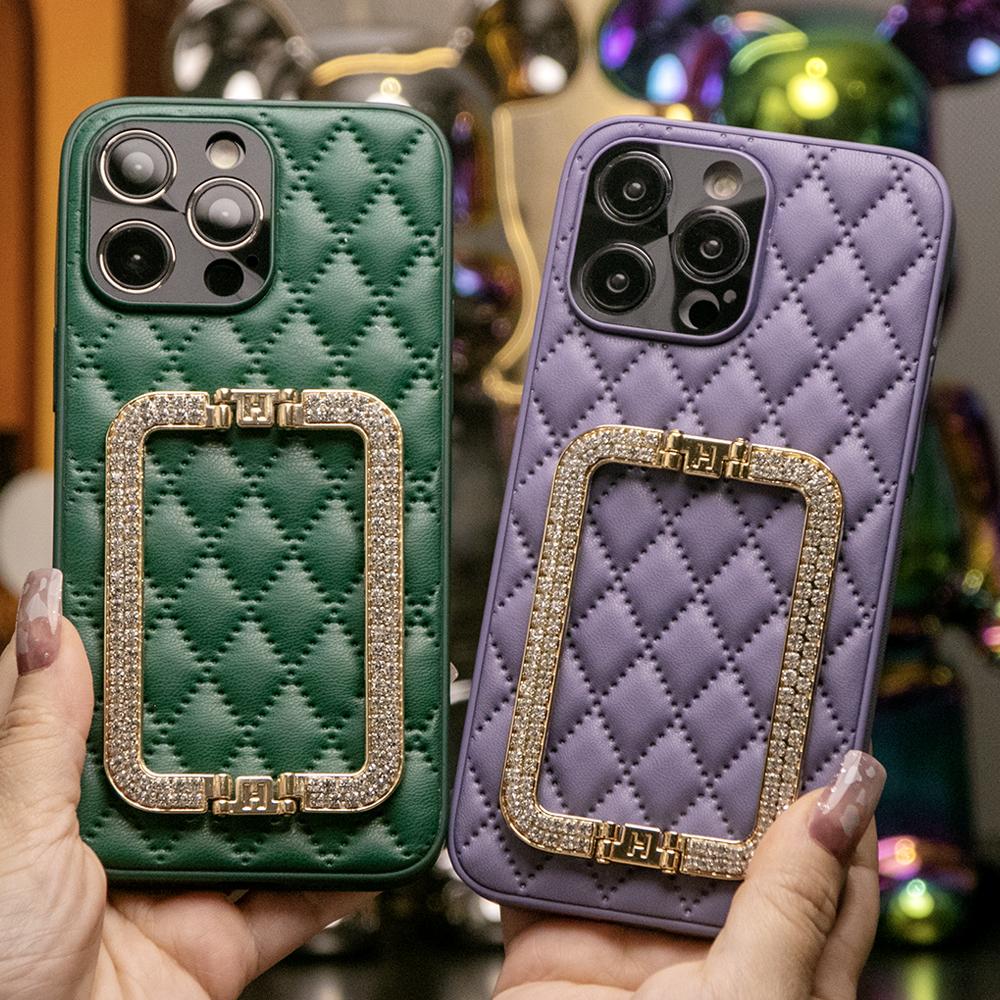 3D Crystal Square Holder Lattice Leather Phone Case for iPhone 16 15 14 13 12 Pro Max
