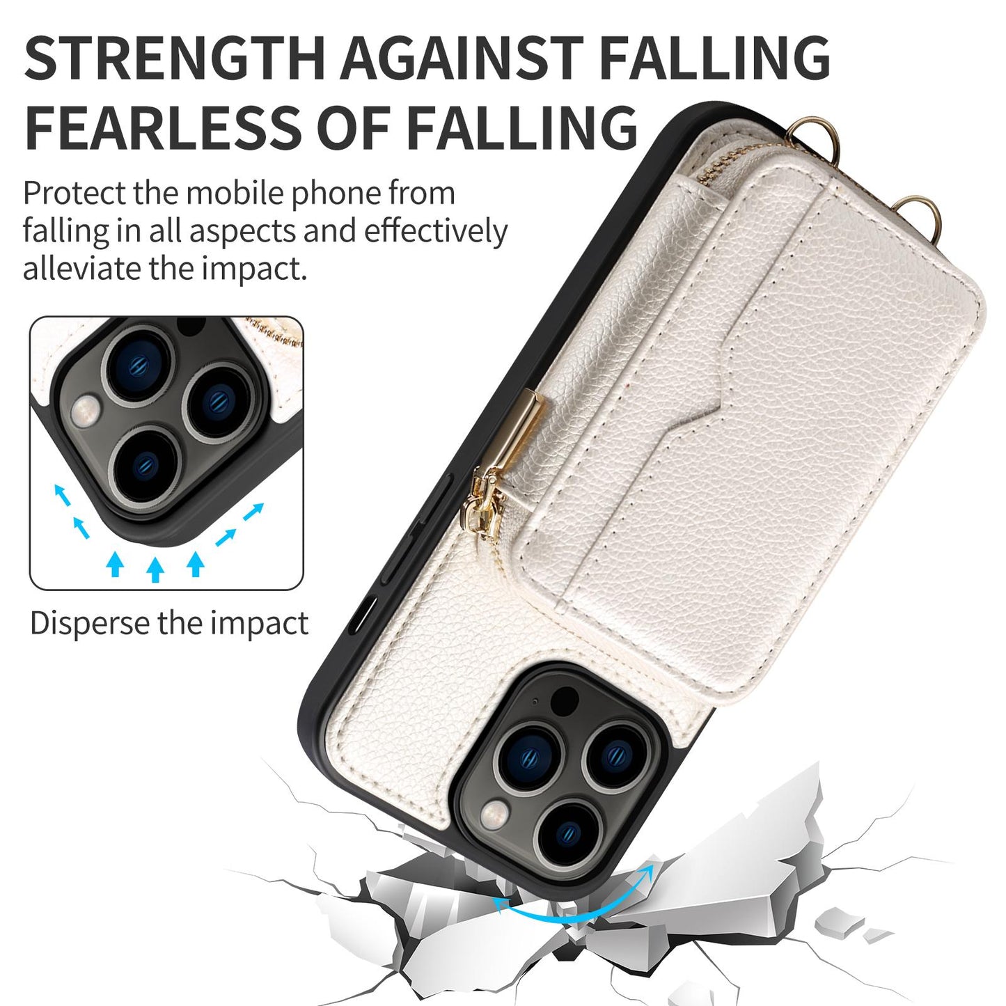 Zipper Crossbody Wallet Phone Case for iPhone 15 14 Plus 13 Pro Max Mirror Metal Chain Lanyard Card Slot Holder Leather Cover