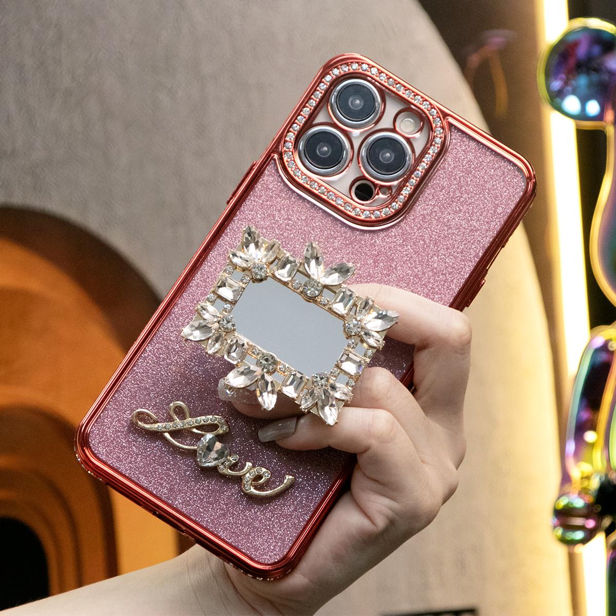 Plating Glitter Diamond Rhinestone Mirror Kickstand Love Phone Case For iPhone 16 15 14 13 12 11 Pro Max