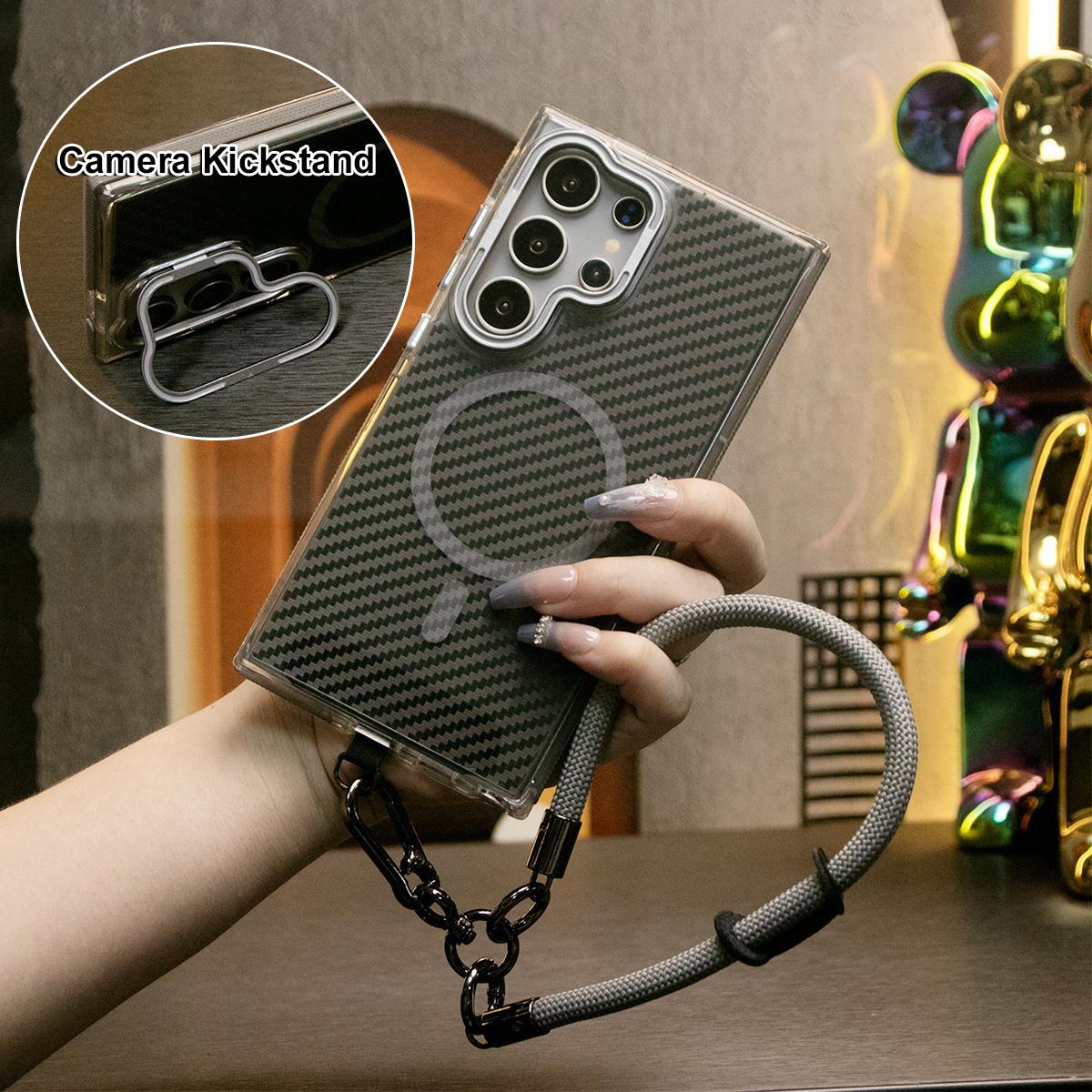 Magnetic Carbon Fiber Pattern Phone Case, Metal Hardware Camera Lens Stand Acrylic Cover, With Multifunctional Climbing Rope, Anti-Fall Bumper For Samsung S24 S23 S21 Ultra FE A14 A15 A24 A25 A35 A54 A55 A05