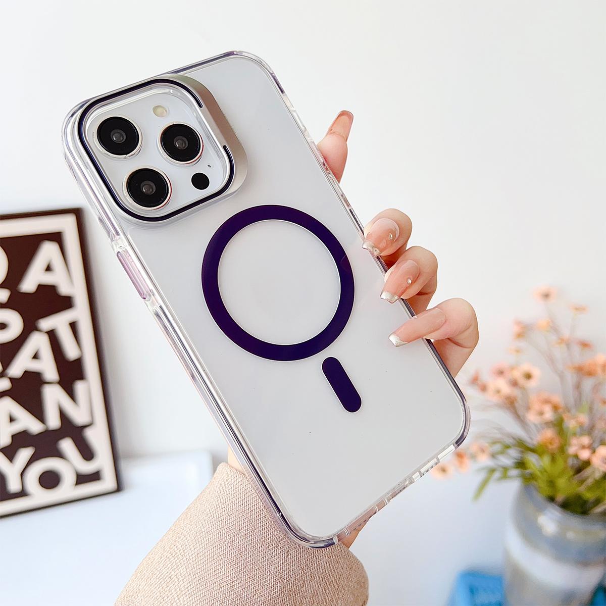 Dual Color Lens Stand Magnetic For Magsafe Wireless Charging Phone Case For iPhone 16 15 14 13 Pro Max Plus Clear TPU Acrylic Hard Cover