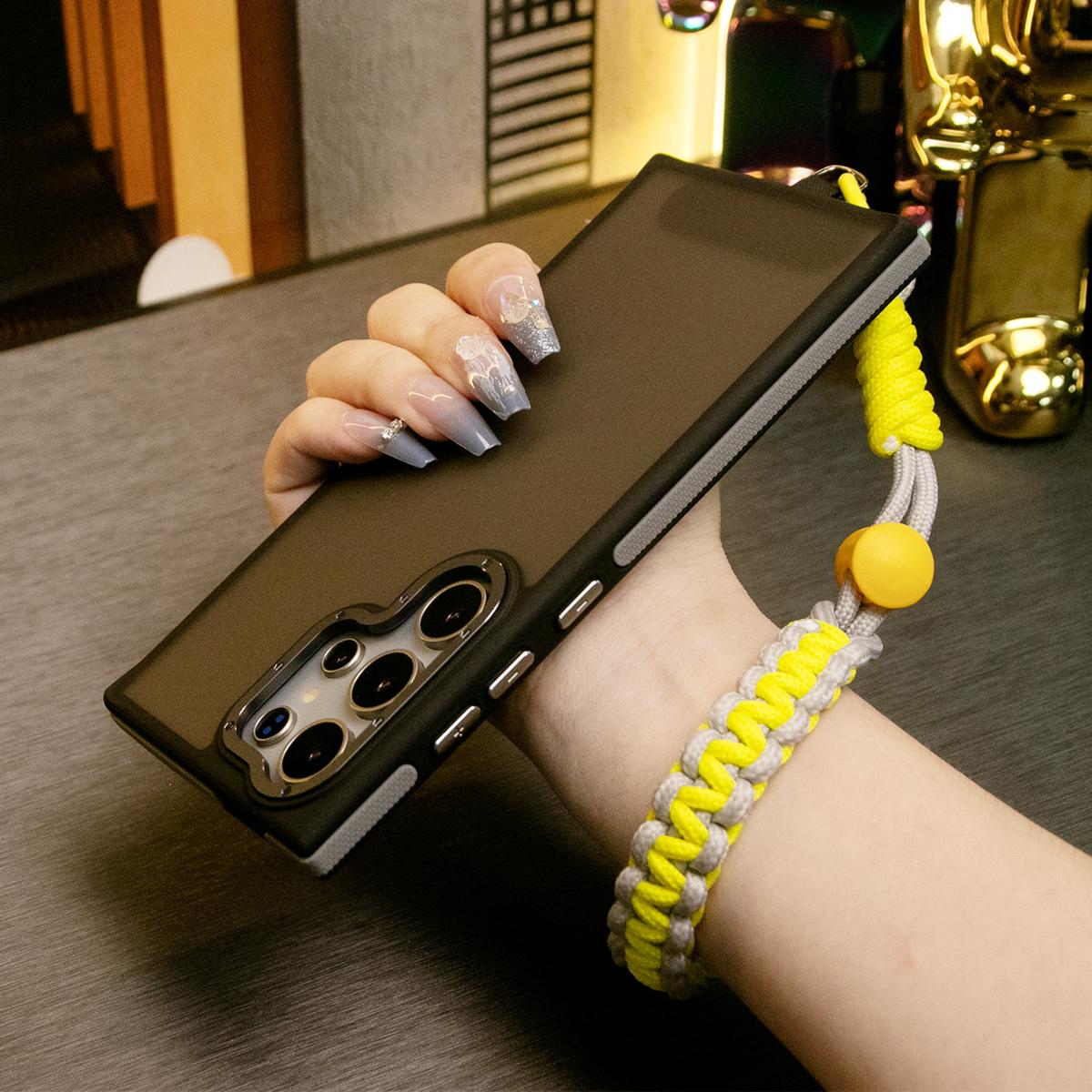 For Samsung S25Ultra S24 S23FE A15 A14 A25 A34 A35 A54 A55 Phone Case, Metal Camera Protection, With Adjustable Woven Wristband, Elegant Matte Metal Camera Frame Shockproof Bumper Hard Full Cover